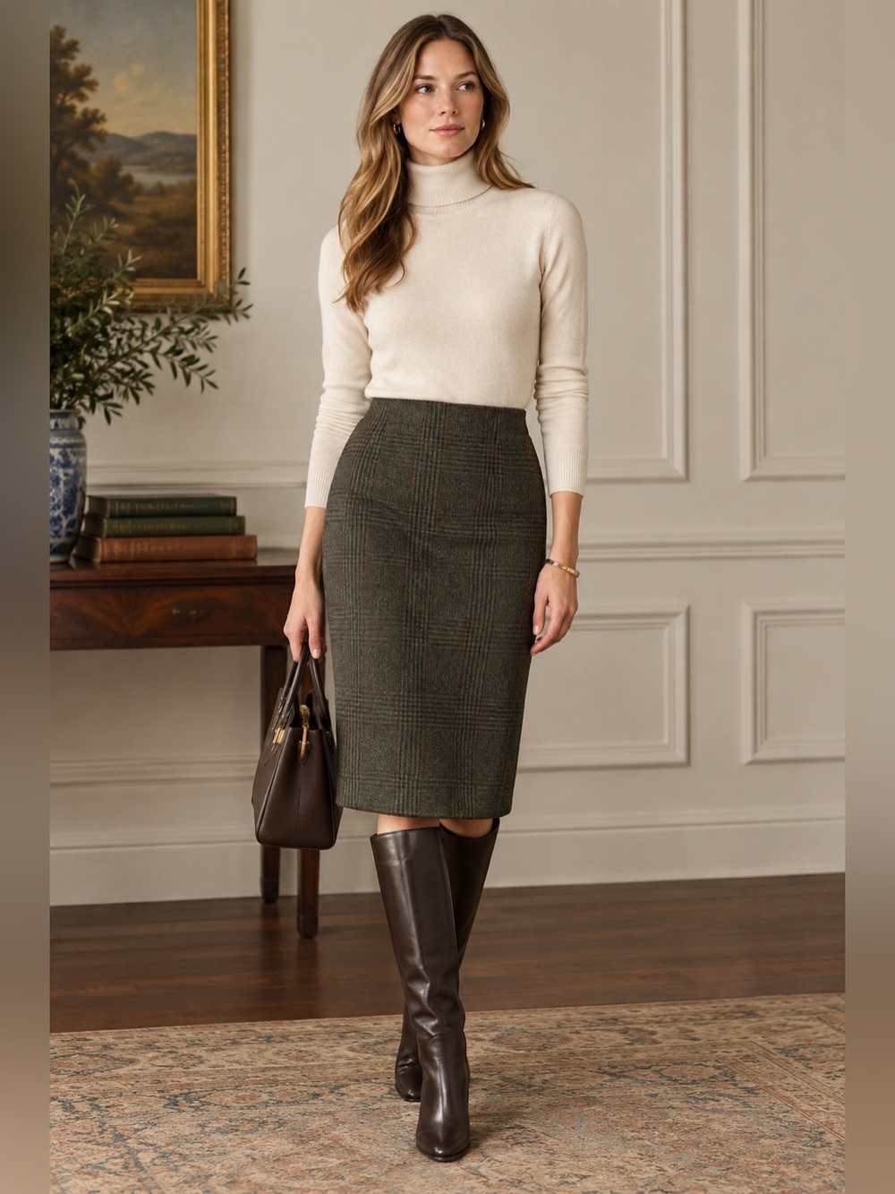 Ralph Lauren Black Label 100% Cashmere Silk Plaid Pencil Skirt Sz 8